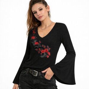 Venus Retro Black Embroidered Top Red Floral Bell Sleeve Y2K WhimsyGoth Small